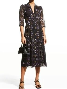 ba&sh Haline Floral Midi Dress Black Purple Sheer V-Neck Button Front Size Small